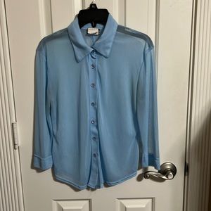 Sheer light blue three-quarter sleeve button-down shirt